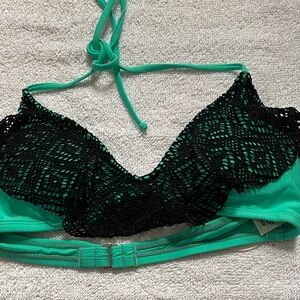Women's Crochet Overlay Bikini Top in Teal and Black